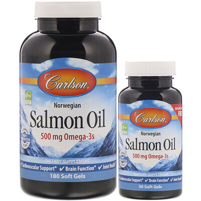 Carlson Labs Norwegian Salmon Oil, 500 мг, 180 мягких желатиновых капсул + 50 капсул в подарок