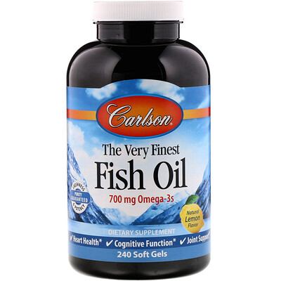 Carlson Labs Рыбий жир с натуральным лимонным вкусом «The Very Finest Fish Oil», 700 мг, 240 мягких желатиновых капсул
