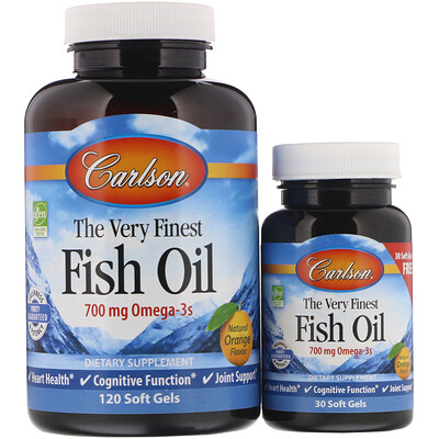 Carlson Labs The Very Finest Fish Oil, натуральный апельсиновый вкус, 120 + 30 бесплатных мягких капсул