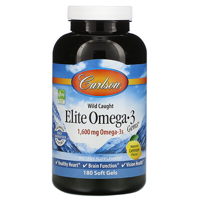 Carlson Labs Wild Caught, Elite Omega-3 Gems, отборные омега-3 кислоты, натуральный лимонный вкус, 1600 мг, 180 капсул