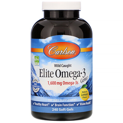 Carlson Labs Elite Omega-3 Gems, отборные омега-3 кислоты, натуральный лимонный вкус, 1600 мг, 240 мягких таблеток