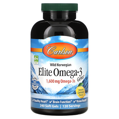 

Carlson Elite Omega-3 Gems, отборные омега-3 кислоты, натуральный лимонный вкус, 800 мг, 240 мягких таблеток