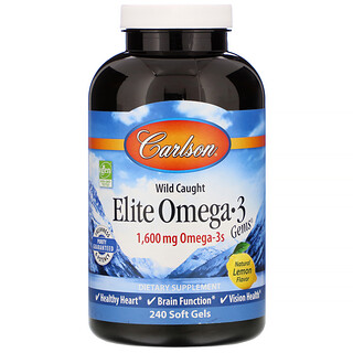 Carlson Labs, Elite Omega 3 Gems, Natural Lemon, 800 mg, 240 Soft Gels