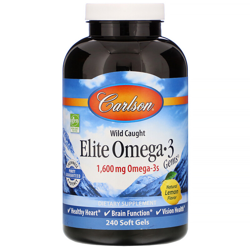 Carlson Labs, Elite Omega 3 Gems, Natural Lemon, 800 mg, 240 Soft Gels ...