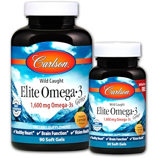 Carlson Labs, Поймано в диких условиях, Elite Omega-3 Gems, со вкусом лимона, 1600 мг, Natural Lemon Flavor, 1,600 mg, 90 + 30 (бесплатных) мягких таблеток