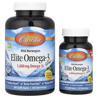 Carlson, Elite Omega-3 Gems®, Poisson norvégien sauvage, Arôme naturel de citron, 120 capsules à enveloppe molle