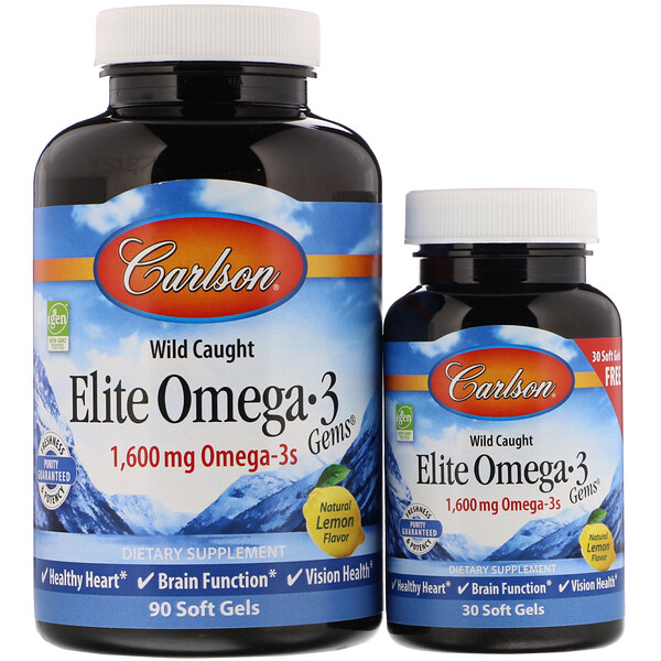 Carlson Labs, Wildgefangen, Elite Omega-3 Perlen, Natürliches Zitronenaroma, 1.600 mg, 90 + 30 Gratis-Weichkapseln