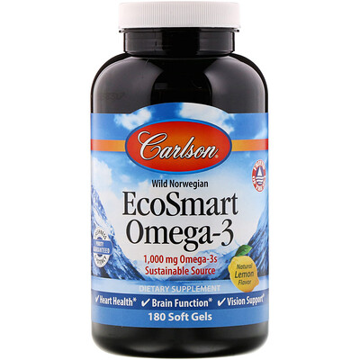 Carlson Labs EcoSmart Omega-3, натуральный ароматизатор «Лимон», 1000 мг, 180 мягких таблеток