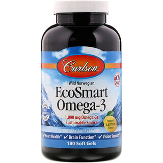Carlson Labs, EcoSmart Omega-3, Natural Lemon Flavor, 500 mg, 180 Cápsulas Softgel