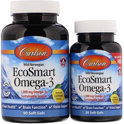 Carlson Labs EcoSmart Omega-3, натуральный ароматизатор «Лимон», 1000 мг, 90 + 30 желатиновых капсул