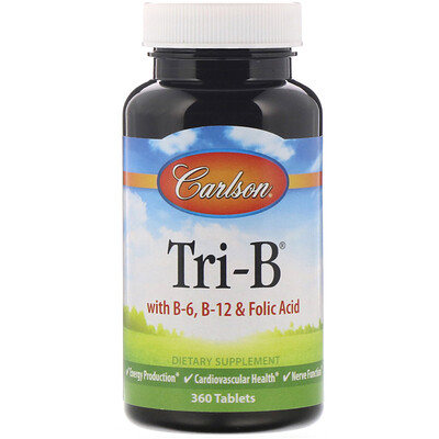 Carlson Labs Tri-B, комплекс с витаминами B6, B12 и фолиевой кислотой, 360 таблеток