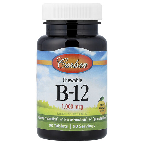 Carlson, Chewable Vitamin B-12, Lemon, 1,000 mcg, 90 Tablets