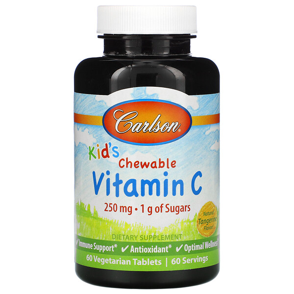 Carlson Labs, Kid's, жевательный витамин C, натуральный мандарин, 250 мг, 60 вегетарианских таблеток