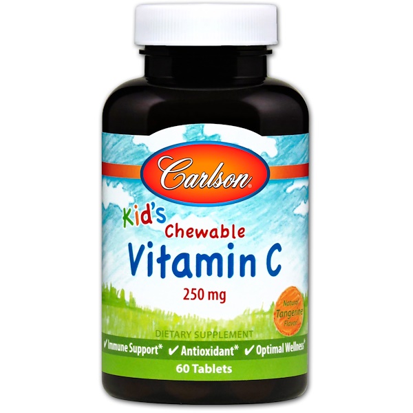 Carlson Labs, Kids, Жевательный витамин C, Натуральный мандариновый вкус, 250 мг, 60 таблеток