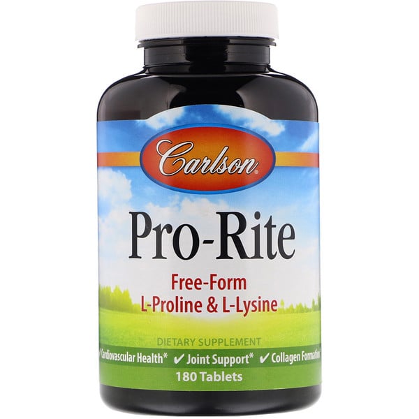 Carlson Labs, Pro-Rite, L-пролин и L-лизин в свободной форме, 180 таблеток