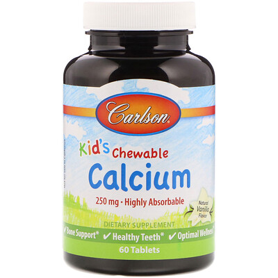 Carlson Labs Жевательные таблетки с кальцием для детей, с натуральным ванильным вкусом, 250 мг, 60 таблеток