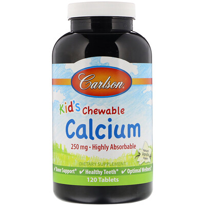 Carlson Labs Жевательные таблетки с кальцием для детей, с натуральным ванильным вкусом, 250 мг, 120 таблеток