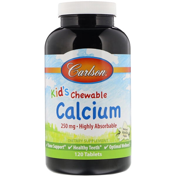 Carlson Labs, Жевательные таблетки с кальцием для детей, с натуральным ванильным вкусом, 250 мг, 120 таблеток
