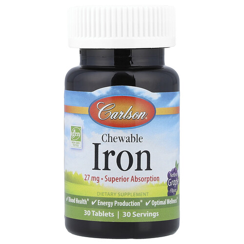 Carlson Chewable Iron, Natural Grape, 27 mg, 30 Tablets
