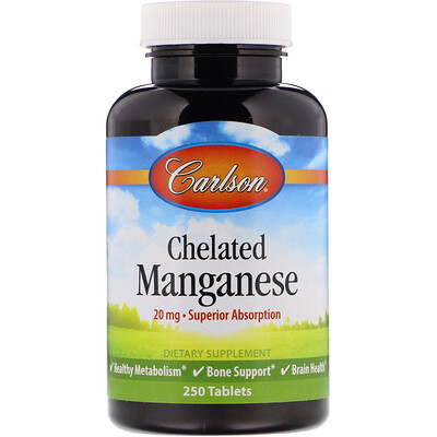 Carlson Labs Chelated Manganese, 20 mg, 250 Tablets
