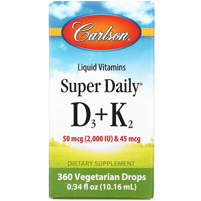 

Carlson Labs Super Daily D3+K2, витамины в жидкой форме, 50 мкг (2000 МЕ) и 45 мкг, растительная формула, 360 капель, 10,16 мл (0,34 жидк. унции)