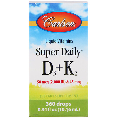 Carlson Labs Жидкие витамины, Super Daily D3+K2, 50 мкг, 0,34 ж. унц. (10,16 мл)