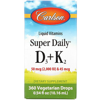 Carlson Labs, Super Daily витамины D3 и K2 в жидкой форме, 25 мкг (1000 МЕ) и 22,5 мкг, растительная формула, 360 вегетарианских капель, 10,16 мл (0,34 жидк. унции)