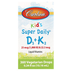 Super Daily D3 + K2 для дітей, 25 мкг (1000 МО) та 22,5 мкг, 10,16 мл (0,34 рідк. унції)