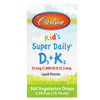 Carlson Labs, 兒童，超級每日維生素 D3 + K2，25 微克（1,000 國際單位）和 22.5 微克，0.34 液量盎司（10.16 毫升）