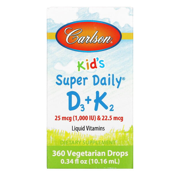 Carlson Labs, Kid's, Super Daily D3+K2, 25 mcg (1,000 IU) & 22.5 mcg, 0.34 fl oz (10.16 ml)