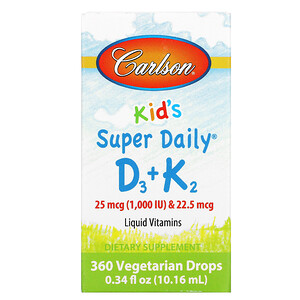 Отзывы о Карлсон Лэбс, Kid's, Super Daily D3+K2, 25 mcg (1,000 IU) & 22.5 mcg, 0.34 fl oz (10.16 ml)