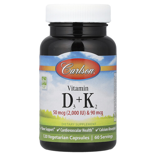 Carlson Vitamin D3 + K2, 120 Vegetarian Capsules