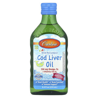 Carlson, Kid's Wild Norwegian, Cod Liver Oil + Vitamins A & D3, Bubble Gum, 8.4 fl oz (250 ml)