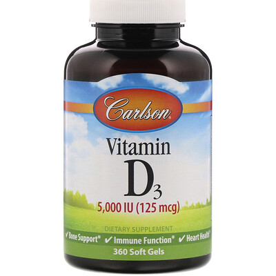 Carlson Labs Витамин D3, 125 мкг (5000 МЕ), 360 мягких желатиновых капсул