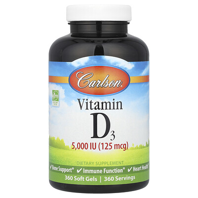 Product Image for Carlson, Vitamin D3, 125 mcg (5,000 IU), 360 Soft Gels