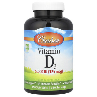 Carlson, Vitamina D3, 125 mcg (5000 UI), 360 cápsulas blandas