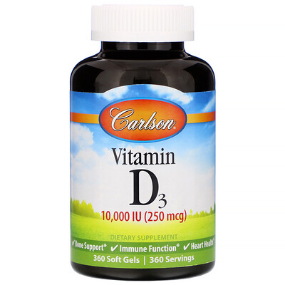 Carlson Labs витамин D3, 10000 МЕ (250 мкг), 360 мягких таблеток