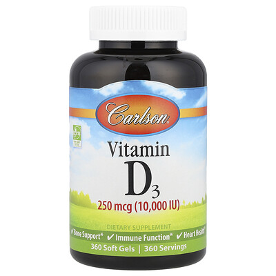 Product Image for Carlson, Vitamin D3, 250 mcg (10,000 IU), 360 Soft Gels
