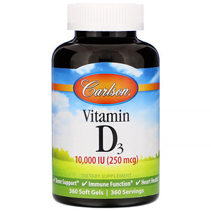 Отзывы о Карлсон Лэбс, Vitamin D3, 10,000 IU (250 mcg), 360 Soft Gels