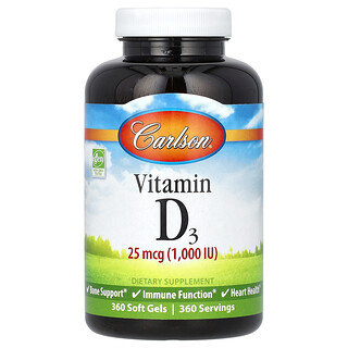 Carlson, Vitamina D3, 25 mcg (1000 UI), 360 cápsulas blandas