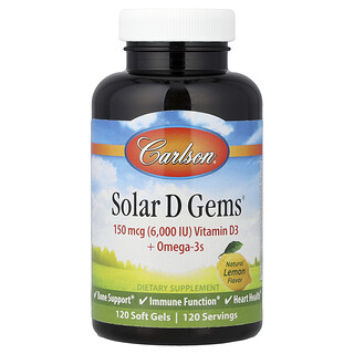 كارلسون‏, Solar D Gems® ، فيتامين د 3 + أحماض أوميجا 3 ، ليمون طبيعي ، 120 كبسولة هلامية