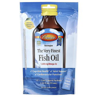 Carlson, Norwegian, The Very Finest Fish Oil, Sabor Natural de Limão, 15 Embalagens, 5 ml (0,17 fl oz) Cada