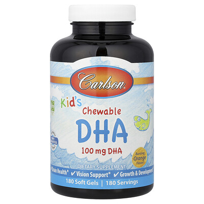 Carlson, DHA masticable para niños, Naranja explosiva, 100 mg, 180 cápsulas blandas
