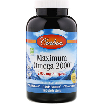 Carlson Labs Maximum Omega 2000, натуральный лимон, 2000 мг, 180 мягких желатиновых капсул