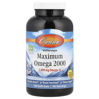 Carlson, Maximum Omega 2000, Norvégien sauvage, Citron naturel, 2000 mg, 180 capsules à enveloppe molle (1000 mg pièce)