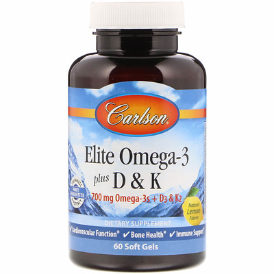 Carlson Labs Elite Omega-3 Plus D & K,天然檸檬香味,60粒軟膠囊