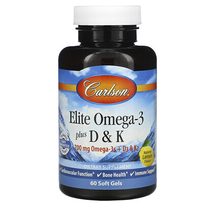 Carlson Labs Elite Omega-3 с витаминами D и K, натуральный вкус лимона, 60 мягких таблеток