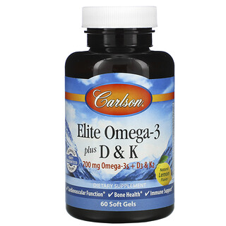 Carlson Labs, Elite Omega-3 с витаминами D и K, натуральный вкус лимона, 60 мягких таблеток
