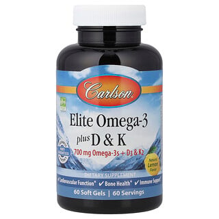 Carlson, Elite Ômega-3 Plus D e K, Limão Natural, 60 Cápsulas Softgel