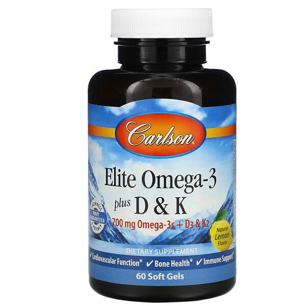 Elite Omega-3 Plus D & K, sabor natural a limón, 60 cápsulas blandas